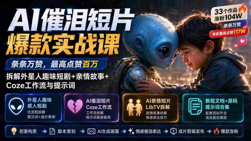(20038期)AI催泪短片爆款实战课:条条万赞,最高点赞百万,拆解外星人趣味短剧+亲情故事+Coze工作流与提示词-一起发