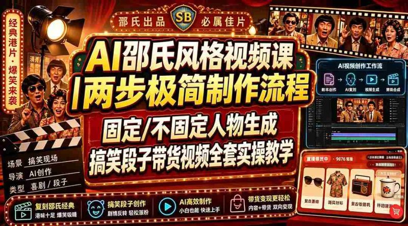 （19602期）AI邵氏风格视频课｜两步极简制作流程，固定/不固定人物生成，搞笑段子带货视频全套实操教学-一起发