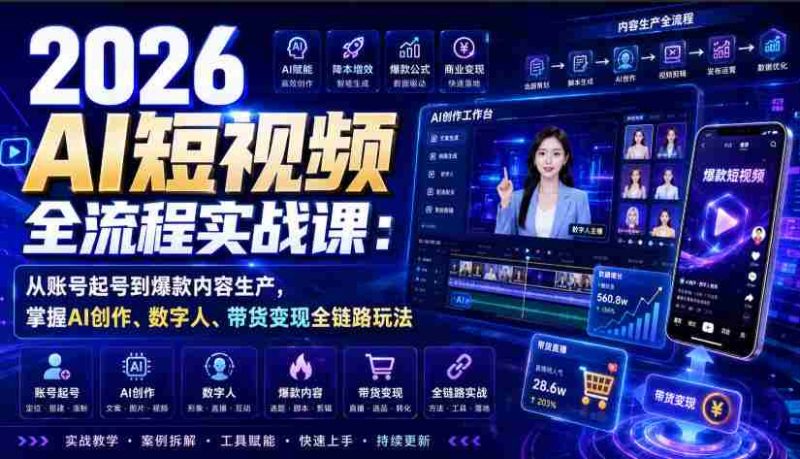 2026 AI短视频全流程实战课:从账号起号到爆款内容生产,掌握AI创作、数字人、带货变现全链路玩法-一起发