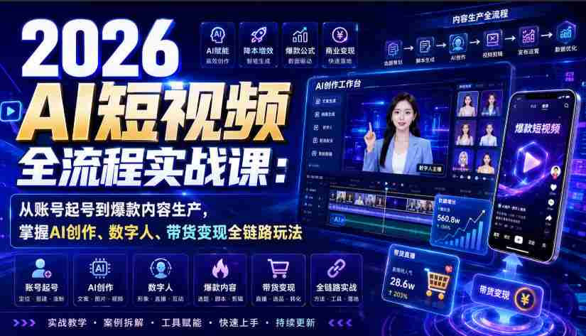 2026 AI短视频全流程实战课:从账号起号到爆款内容生产,掌握AI创作、数字人、带货变现全链路玩法
