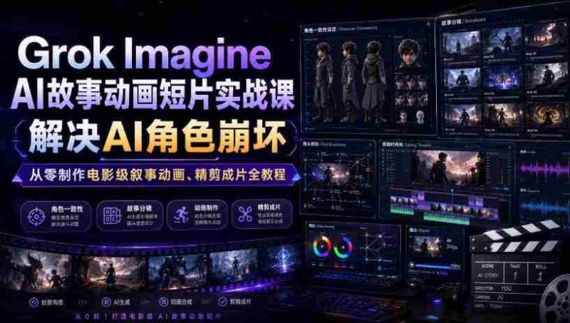 Grok Imagine AI故事动画短片实战课|解决AI角色崩坏,从零制作电影级叙事动画、精剪成片全教程(中英字幕)-一起发