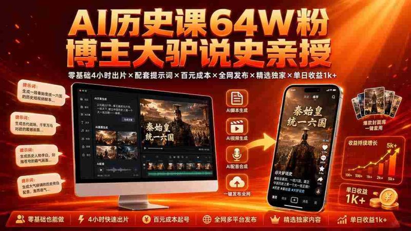 (19557期)AI历史课64W粉博主大驴说史亲授:零基础4小时出片×配套提示词×百元成本×全网发布×精选独家×单日收益1k+-一起发