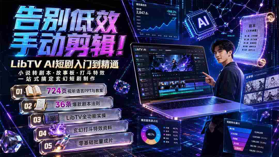 （19678期）告别低效手动剪辑！LibTV AI短剧入门到精通，小说转剧本方法，故事板打斗特效一站式搞定玄幻短剧制作-一起发
