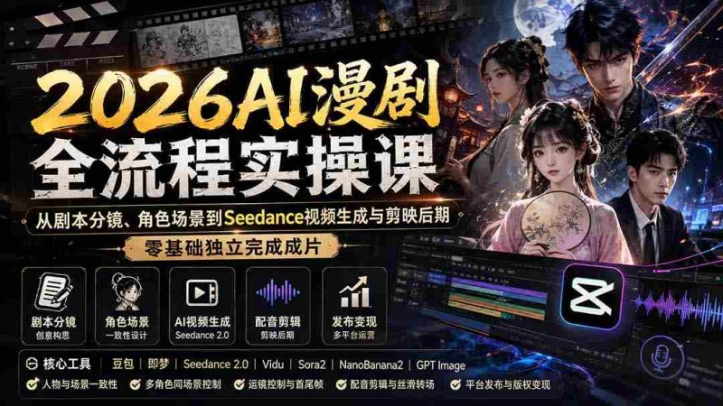 (20042期)2026AI漫剧全流程实操课:从剧本分镜、角色场景到Seedance视频生成与剪映后期,零基础独立完成成片-一起发