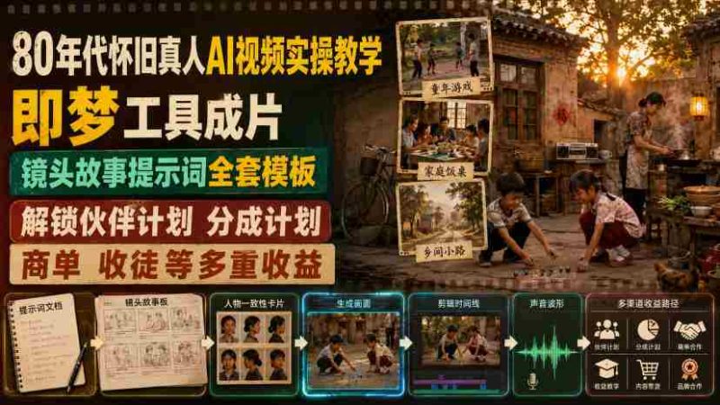 80年代怀旧真人AI视频实操教学,即梦工具成片、镜头故事提示词全套模板,解锁伙伴计划分成计划商单收徒等多重收益-一起发