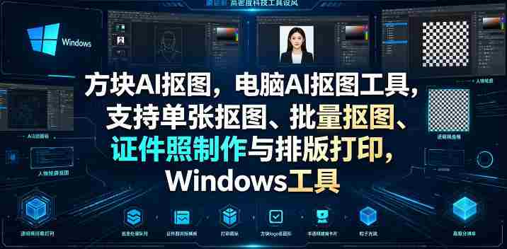 方块AI抠图，电脑AI抠图工具，支持单张抠图、批量抠图、证件照制作与排版打印，Windows工具-一起发