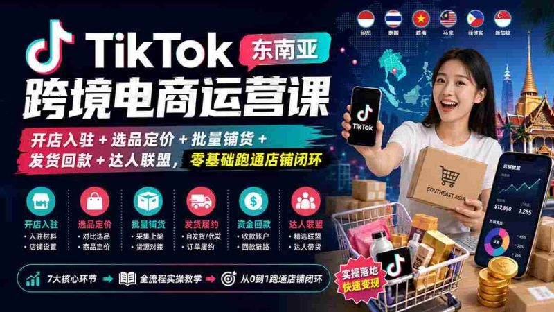 (20059期)TikTok东南亚跨境电商运营课:开店入驻+选品定价+批量铺货+发货回款+达人联盟,零基础跑通店铺闭环-一起发