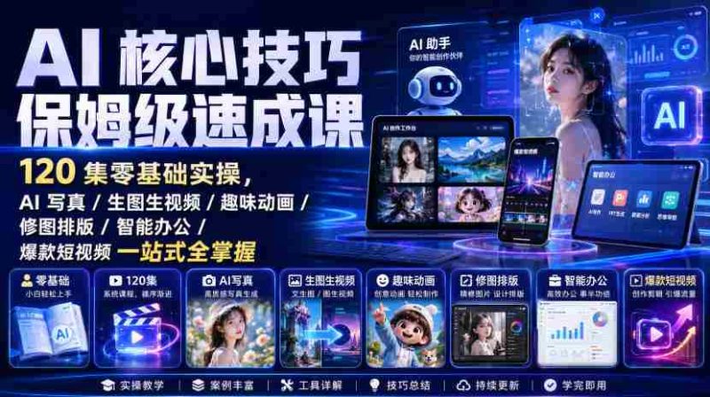 AI核心技巧保姆级速成课|120集零基础实操,AI写真/生图生视频/趣味动画/修图排版/智能办公/爆款短视频一站式全掌握-一起发