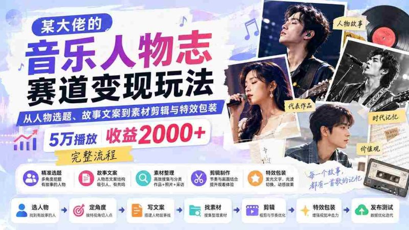 (20121期)某大佬的音乐人物志赛道变现玩法:从人物选题、故事文案到素材剪辑与特效包装,5万播放收益2000+完整流程-一起发