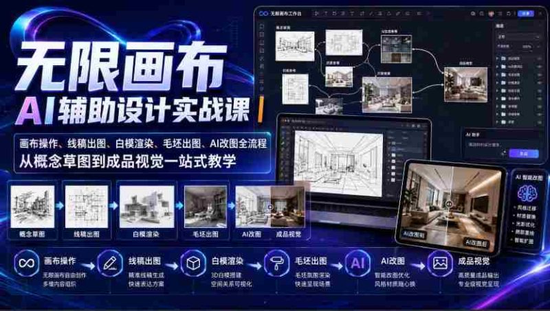 无限画布AI辅助设计实战课|画布操作、线稿出图、白模渲染、毛坯出图、AI改图全流程,从概念草图到成品视觉一站式教学-一起发