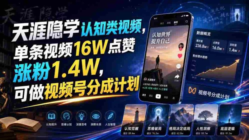 天涯隐学认知类视频，单条视频16W点赞涨粉1.4W，可做视频号分成计划-一起发