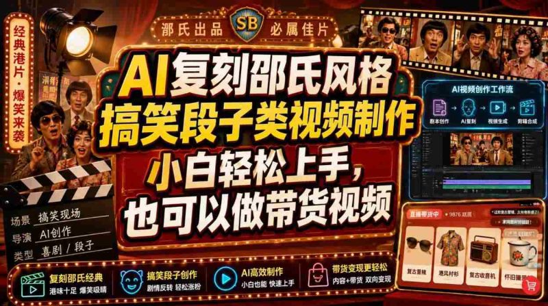 AI复刻邵氏风格搞笑段子类视频制作,小白轻松上手,也可以做带货视频-一起发