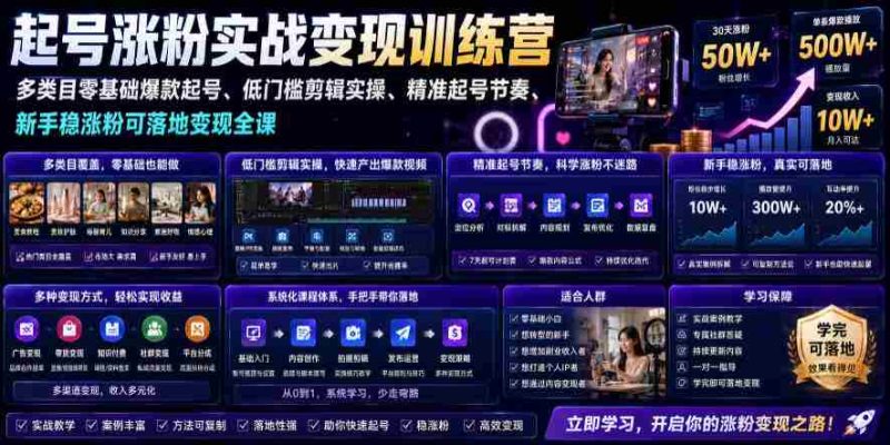 苗子起号涨粉实战变现训练营,多类目零基础爆款起号、精准起号节奏、新手稳涨粉可落地变现全课-一起发