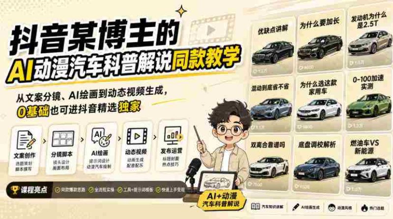 抖音某博主的AI动漫汽车科普解说同款教学,从文案分镜、AI绘画到动态视频生成,0基础解锁抖音精选独家收益-一起发