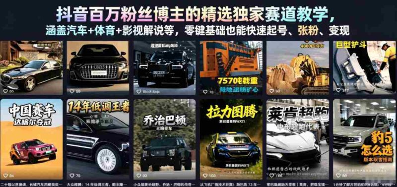 抖音百万粉丝博主的精选独家赛道教学，涵盖汽车+体育+影视解说等，零基础也能快速起号、涨粉、变现（更新0701）-一起发