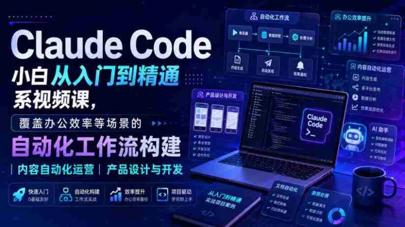 Claude Code小白从入门到精通系视频课，覆盖办公效率等场景的自动化工作流构建|内容自动化运营|产品设计与开发-一起发