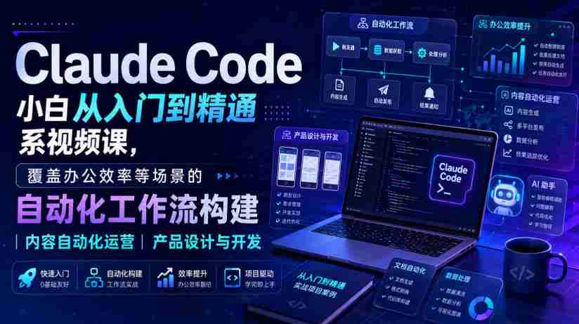 Claude Code小白从入门到精通系视频课，覆盖办公效率等场景的自动化工作流构建|内容自动化运营|产品设计与开发-一起发