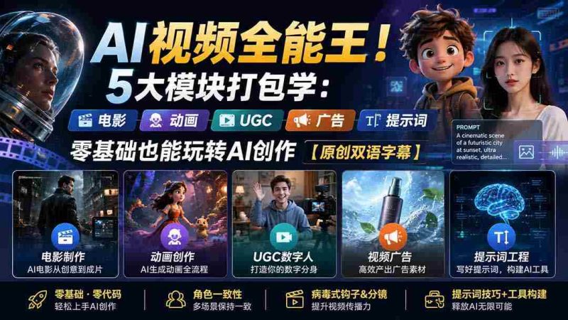 (20048期)AI视频全能王!5大模块打包学:电影、动画、UGC、广告、提示词,零基础也能玩转AI创作【原创双语字幕】-一起发