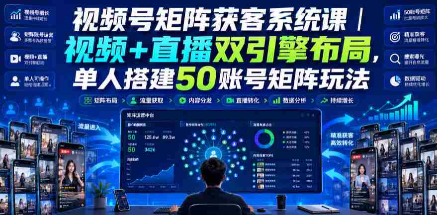 视频号矩阵获客系统课｜视频+直播双引擎布局，单人搭建50账号矩阵玩法，流量入池、搜索占位、全域引流沉淀私域全流程教学-一起发