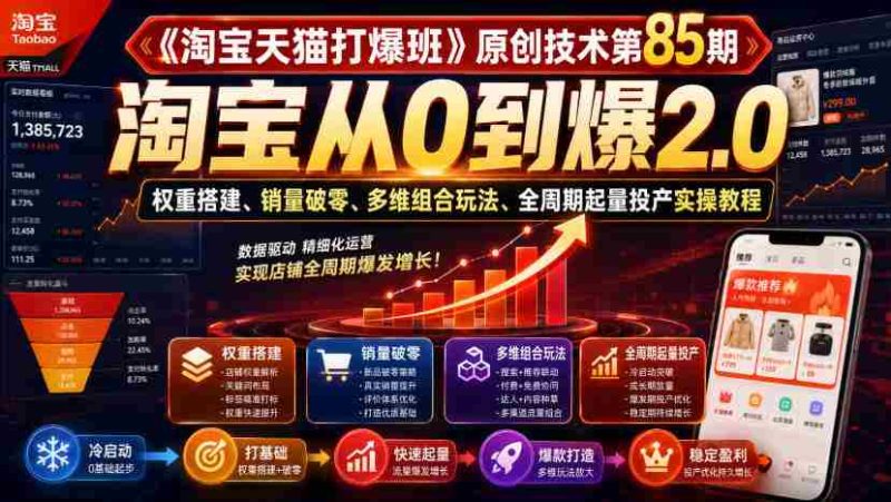 《淘宝天猫打爆班》原创技术第85期,淘宝从0到爆2.0,权重搭建、销量破零、多维组合玩法、全周期起量投产实操教程-一起发