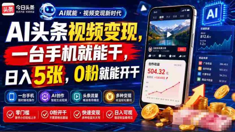 AI头条视频变现,一台手机就能干,日入5张,0粉就能开干-一起发