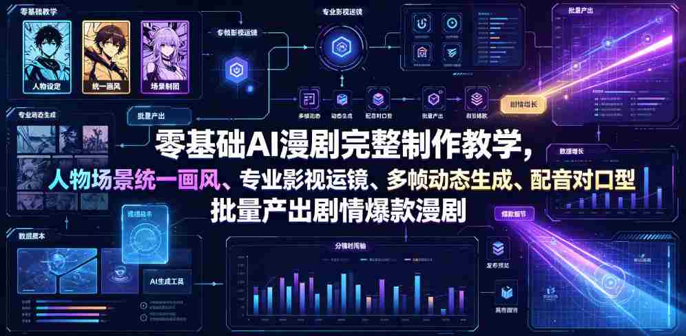 零基础AI漫剧完整制作教学，人物场景统一画风、专业影视运镜、多帧动态生成、配音对口型，批量产出剧情爆款漫剧-一起发