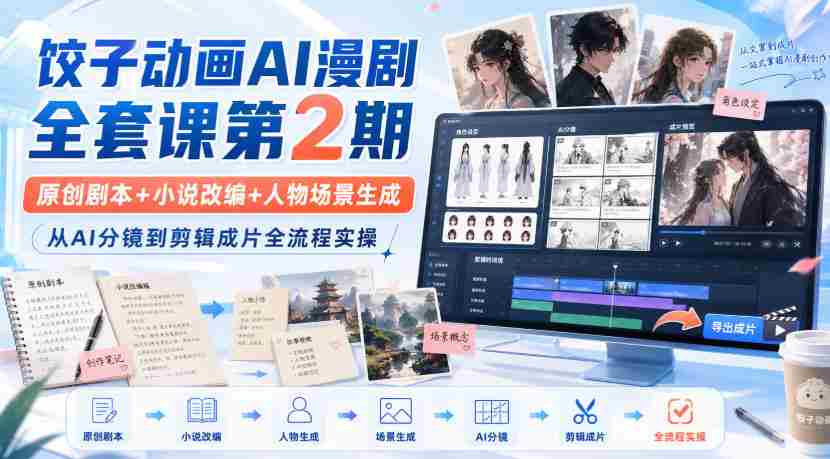 饺子动画AI漫剧全套课第2期：原创剧本+小说改编+人物场景生成，从AI分镜到剪辑成片全流程实操-一起发