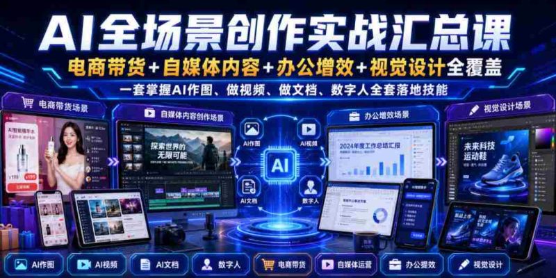 AI全场景创作实战汇总课｜电商带货+自媒体内容+办公增效+视觉设计全覆盖，一套掌握AI作图、做视频、做文档、数字人全套落地技能-一起发