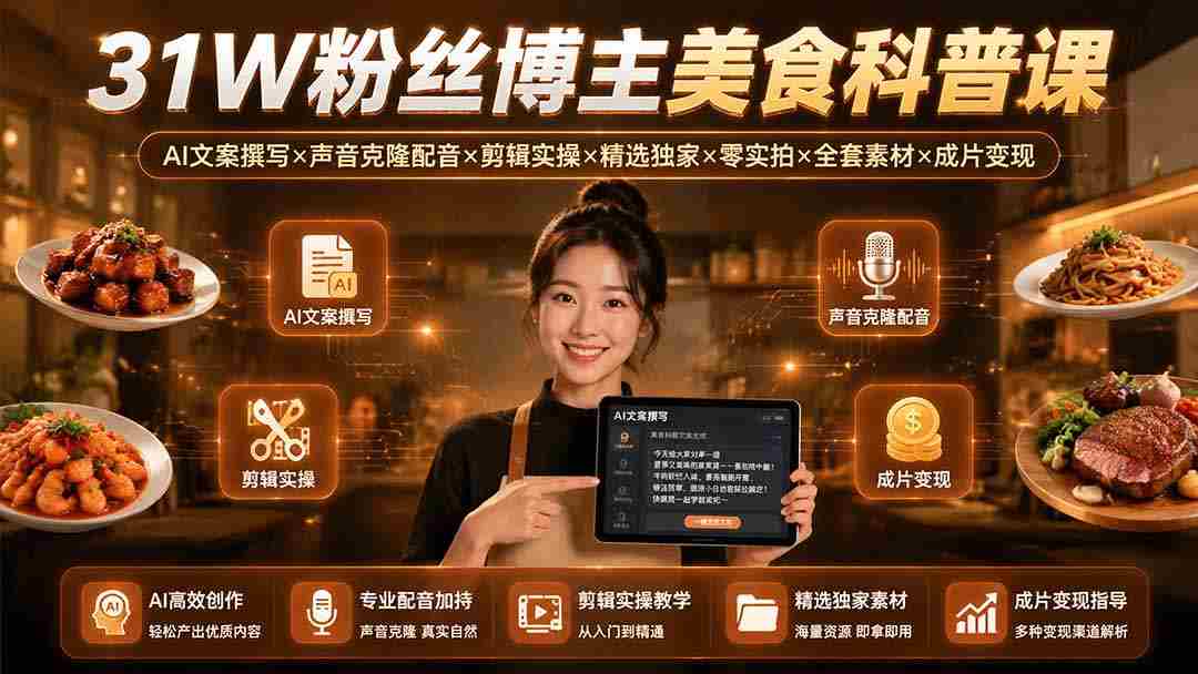 （19558期）31W粉丝博主美食科普课：AI文案撰写×声音克隆配音×剪辑实操×精选独家×零实拍×全套素材×成片变现-一起发