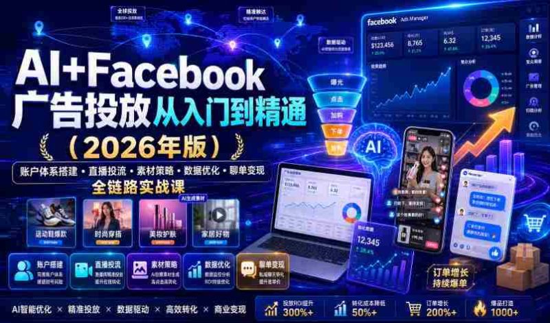 AI+Facebook广告投放从入门到精通(2026年版)|账户体系搭建・直播投流・素材策略・数据优化・聊单变现全链路实战课-一起发