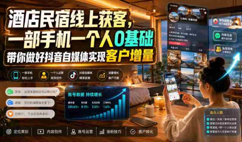 酒店民宿线上获客,一部手机一个人0基础带你做好抖音自媒体实现客户增量-一起发