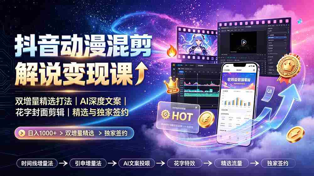 （19311期）抖音动漫混剪解说变现课：双增量精选打法｜AI深度文案｜花字封面剪辑｜ 精选与独家签约日入1000+-一起发