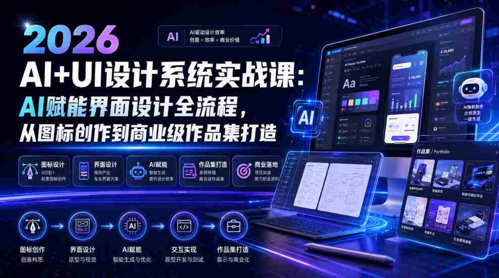 2026 AI+UI设计系统实战课:AI赋能界面设计全流程,从图标创作到商业级作品集打造