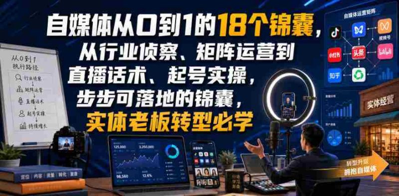 自媒体从0到1的18个锦囊,从行业侦察、矩阵运营到直播话术、起号实操,步步可落地的锦囊,实体老板转型必学-一起发