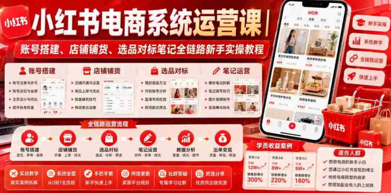 小红书电商系统运营课|账号搭建、店铺铺货、选品对标笔记全链路新手实操教程-一起发