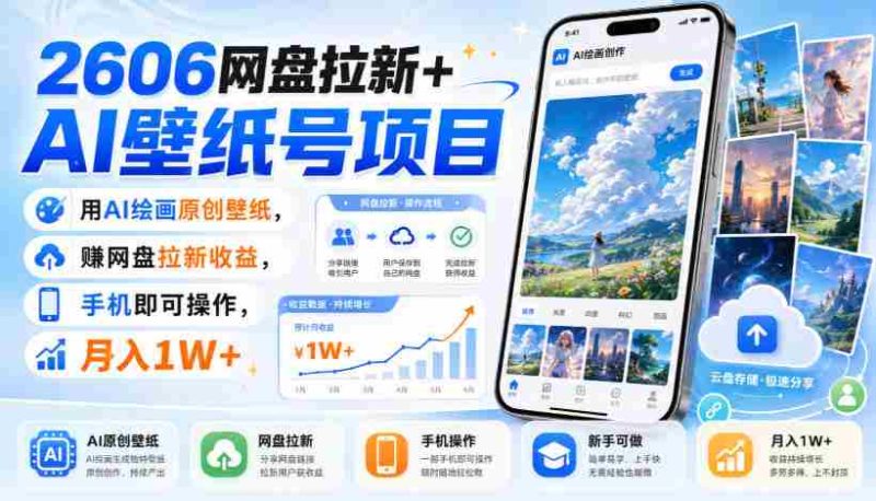 2606网盘拉新+AI壁纸号项目,用AI绘画原创壁纸,賺网盘拉新收益,手机即可操作,月入1W+-一起发