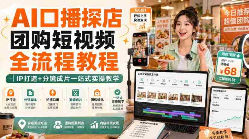 AI口播探店团购短视频全流程教程｜IP打造+分镜成片一站式实操教学-一起发