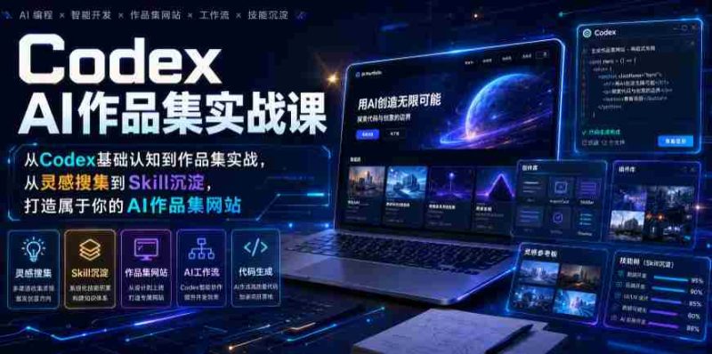 Codex AI作品集实战课,从Codex基础认知到作品集实战,从灵感搜集到Skill沉淀,打造属于你的AI作品集网站-一起发