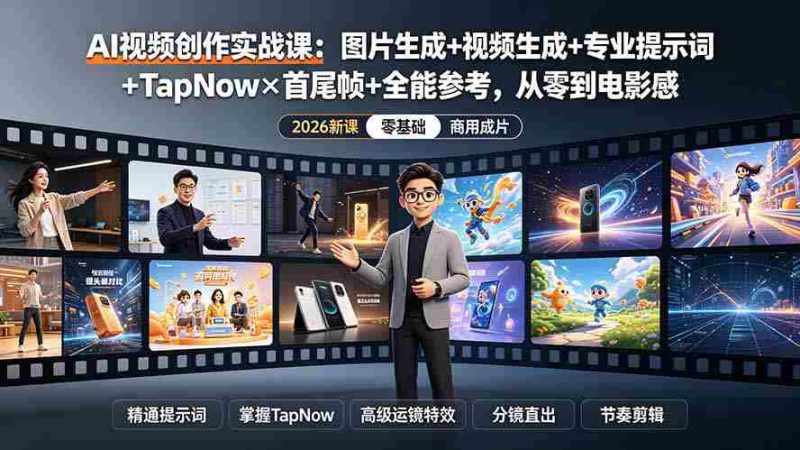 (19383期)AI视频创作实战课:图片生成+视频生成+专业提示词+TapNow×首尾帧+全能参考,从零到电影感成片-一起发