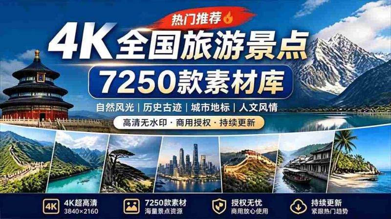 （19309期）热门全国旅游风景素材！4K全国旅游景点素材库，7250款素材，旅行达人城市航拍风景风光高清短视频-一起发