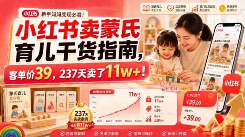 小红书卖蒙氏育儿干货指南,客单价39,237天卖了11w+!-一起发