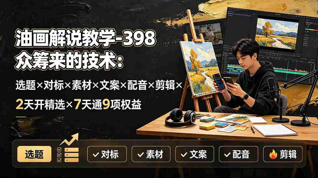 （19527期）油画解说教学-398众筹来的技术：选题×对标×素材×文案×配音×剪辑×2天开精选×7天通9项权益-一起发