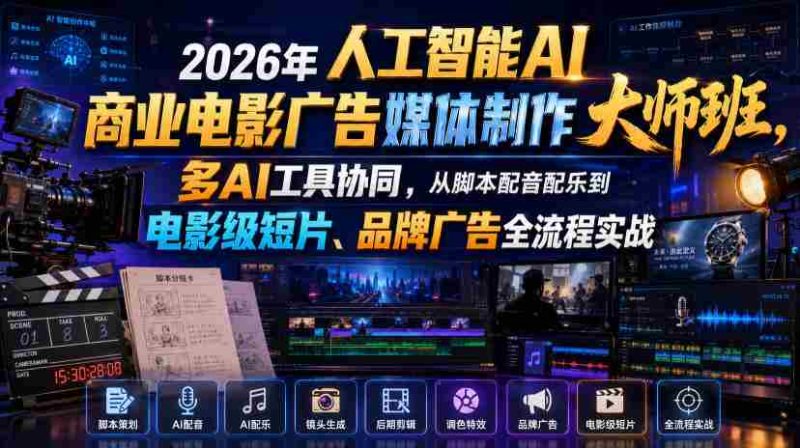 2026年人工智能AI商业电影广告媒体制作大师班,多AI工具协同,从脚本配音配乐到电影级短片、品牌广告全流程实战(中英字幕)-一起发