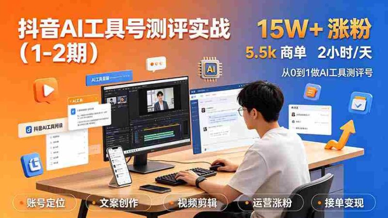 （19380期）抖音AI工具号测评实战（1-2期）：单号涨粉15W+×商单5.5k×伙伴计划×普通人可复制，每天2小时长期可持续-一起发