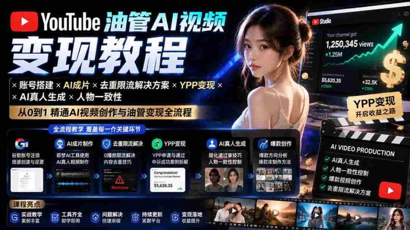 (19774期)YouTube油管AI视频变现教程-更新:账号搭建×AI成片×去重限流解决方案×YPP变现×AI真人生成×人物一致性-一起发