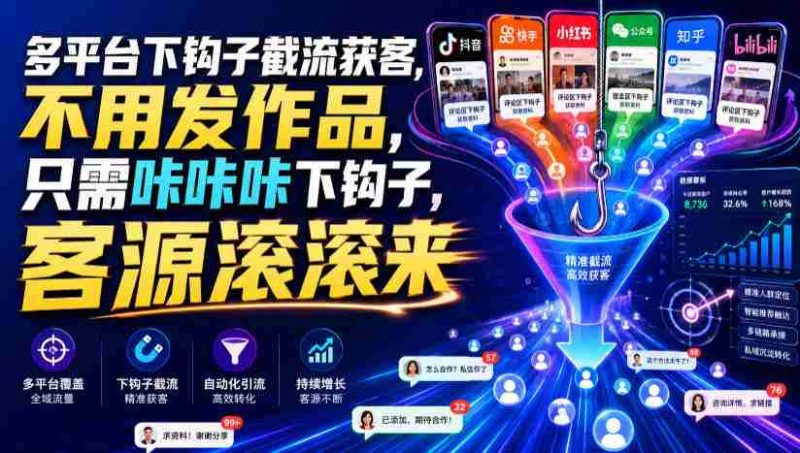 多平台下钩子截流获客,不用发作品,只需咔咔咔下钩子,客源滚滚来-一起发