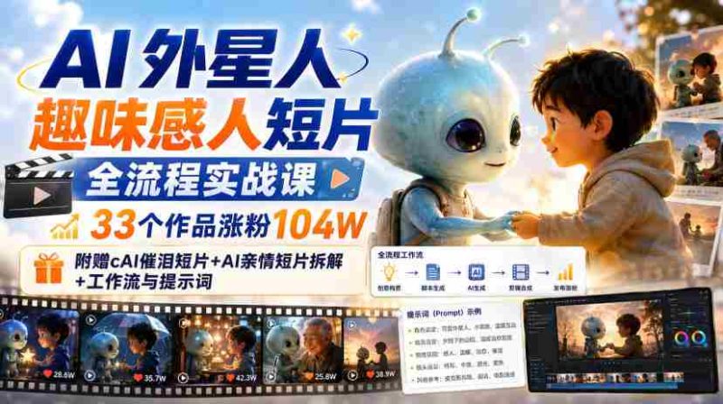 AI外星人趣味感人短片全流程实战课,33个作品涨粉104W,附赠AI催泪短片+AI亲情短片拆解+工作流与提示词-一起发