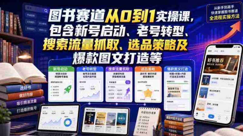 图书赛道从0到1实操课,包含新号启动、老号转型、搜索流量抓取、选品策略及爆款图文打造等-一起发