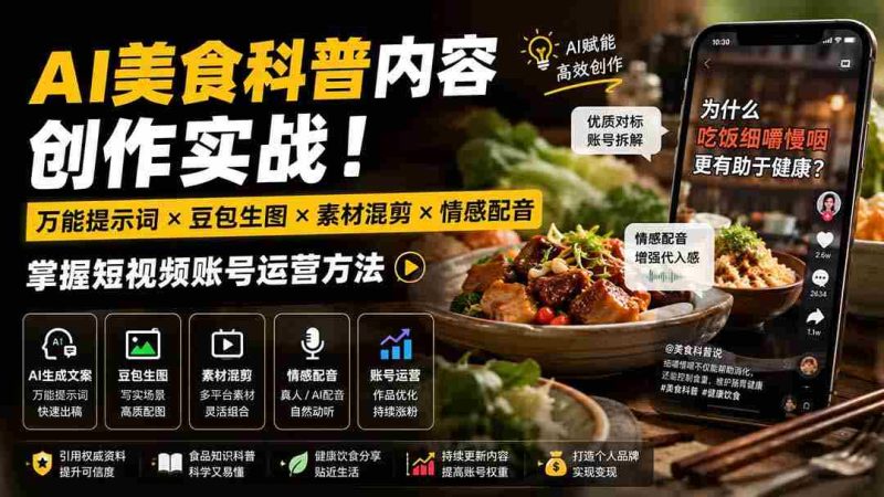 (19730期)外面卖199元-AI美食科普内容创作实战!万能提示词×豆包生图×素材混剪×情感配音,掌握短视频账号运营方法-一起发