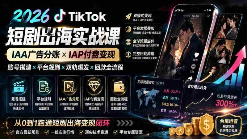 (19740期)2026TikTok短剧出海实战课:IAA广告分账×IAP付费变现×账号搭建×平台规则×双轨爆发×回款全流程-一起发